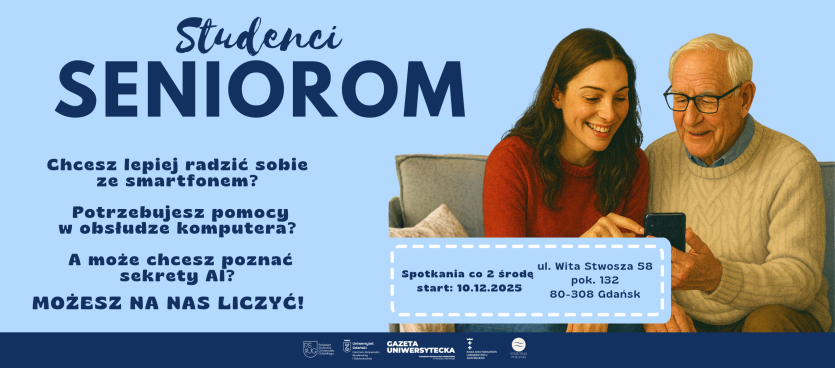 Baner Studenci Seniorom ze zdjęciem młodej kobiety, uczącej starszego pana obsługi smartfona