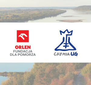 Zdjęcie Wisły, na pierwszym planie loga Fundacji ORLEN dla Pomorza oraz Wydziału Chemii UG