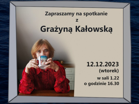 Spotkania Autorskie w BG UG. Na grafice autorka pijąca kawę - Grażyna Kałowska