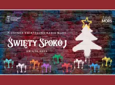 Grafika z motywem muru ceglanego z uproszczonym graffiti choinki i prezentów; napis Święty spokój