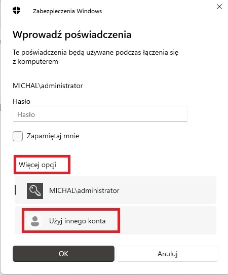 rdp Zrzut ekranu. Logowanie. Klikamy "Użyj innego konta".