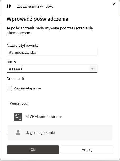 Zrzut ekranu. Logowanie. Klikamy "Użyj innego konta".